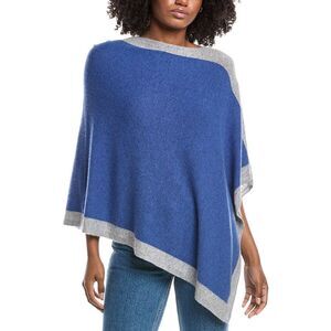 Forte Cashmere Contrast Border Cashmere Poncho, Blue